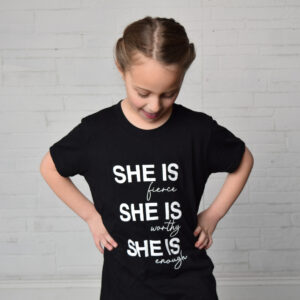 Short sleeve t-shirt with 'She is' in white lettering